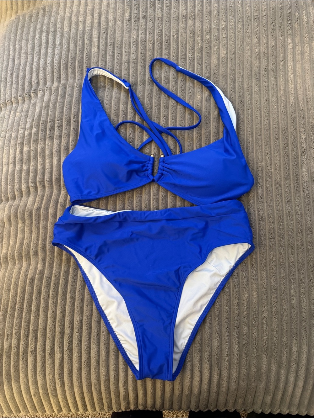 High-Rise Royal Blue Women's Bikini Set with Knot Front Top